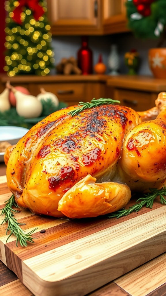 A golden brown air fryer turkey breast garnished with herbs, resting on a cutting board.